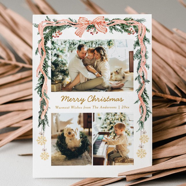 Cartes Pour Fêtes Annuelles Élégante verdure de Noël & Coquette Bow 3 Photo (Créateur téléchargé)