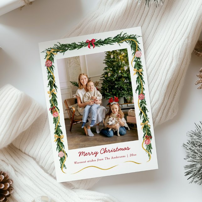 Cartes Pour Fêtes Annuelles Elégante verdure de Noël Garland & Bows 1 Photo (Créateur téléchargé)