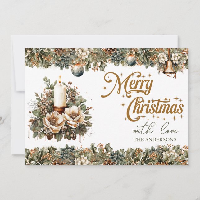 Cartes Pour Fêtes Annuelles Elégante verdure et bougies de Noël dorées (Devant)