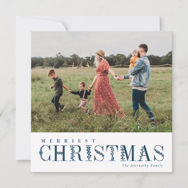 Cartes Pour Fêtes Annuelles Élégante verdure Lettres de Noël bleu | Photo (Devant)