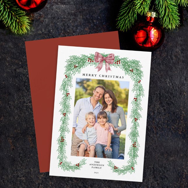 Cartes Pour Fêtes Annuelles Élégante verdure Noël Garland Bow Photo (Créateur téléchargé)