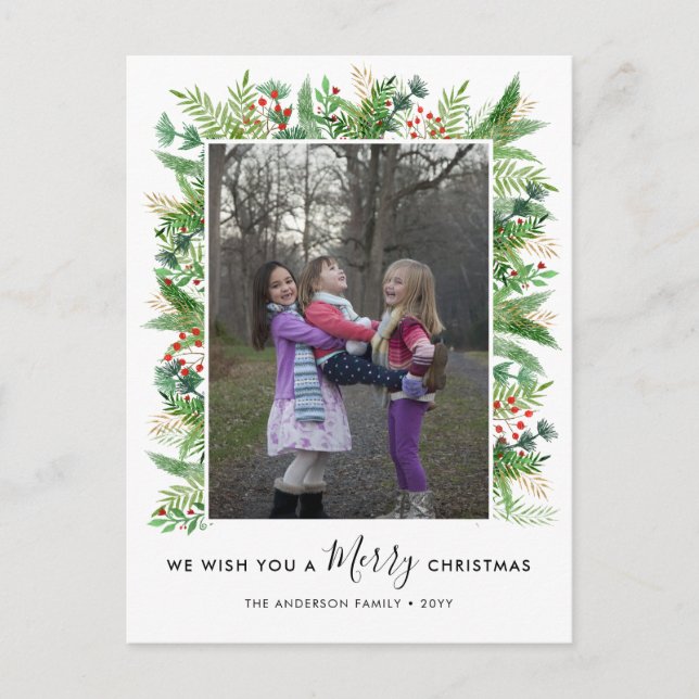 Cartes Pour Fêtes Annuelles Élégante verdure Pins Holly Joyeux Noël Photo (Devant)
