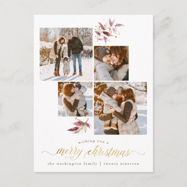 Cartes Pour Fêtes Annuelles Élégantes Branches d'aquarelle et Noël 4 Photo (Devant)