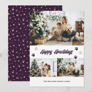 Cartes Pour Fêtes Annuelles Élégantes Étoiles Violettes et Or Photo Chien