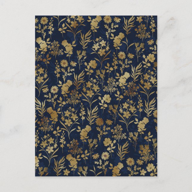 Cartes Pour Fêtes Annuelles Élégantes Fleurs d'or Bleu Botanique (Devant)