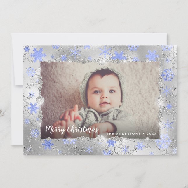 Cartes Pour Fêtes Annuelles Élégants flocons de neige bleu argenté photo perso (Devant)