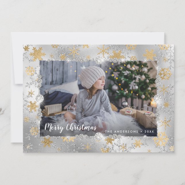Cartes Pour Fêtes Annuelles Élégants flocons d'or argent sur mesure photo (Devant)