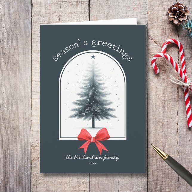Cartes Pour Fêtes Annuelles Élégants Joyeuses Fêtes d'arbre de Noël (sweet rustic vintage red bow evergreen christmas tree seasons greetings custom holiday card)