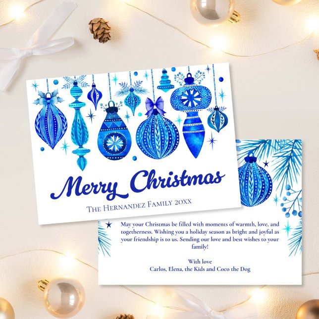 Cartes Pour Fêtes Annuelles Élégants ornements de Noël Famille Bleu Aquarelle (Elegant Christmas Ornaments Family Blue Watercolor Holiday Card)
