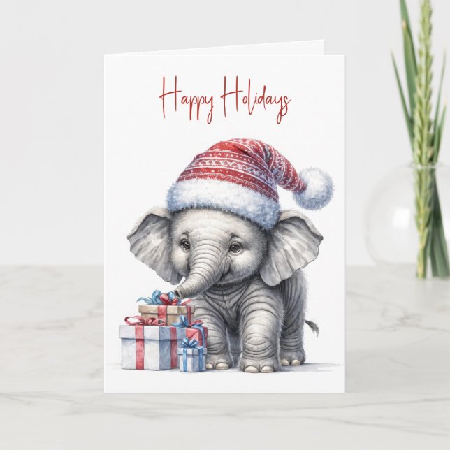 Cartes Pour Fêtes Annuelles Elephant de Noël avec chapeau de Noël (Devant)