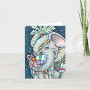CARTES POUR FÊTES ANNUELLES ÉLÉPHANT DE NOËL, FIER DES CADEAUX ET BONNE CHÈRE