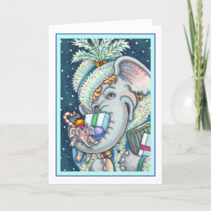 CARTES POUR FÊTES ANNUELLES ÉLÉPHANT DE NOËL, FIER DES CADEAUX ET BONNE CHÈRE