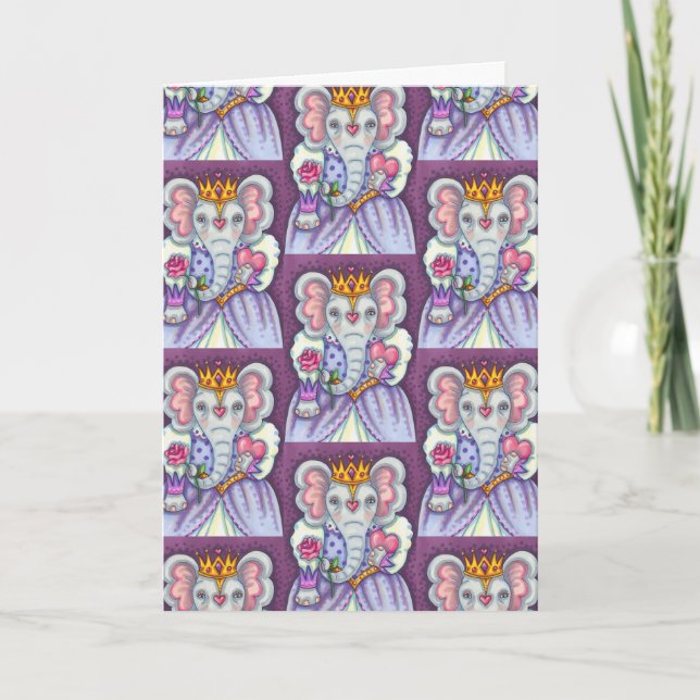 CARTES POUR FÊTES ANNUELLES ELEPHANT REINE DES COEURS ET ROSE ROYAL VALENTINE (Devant)