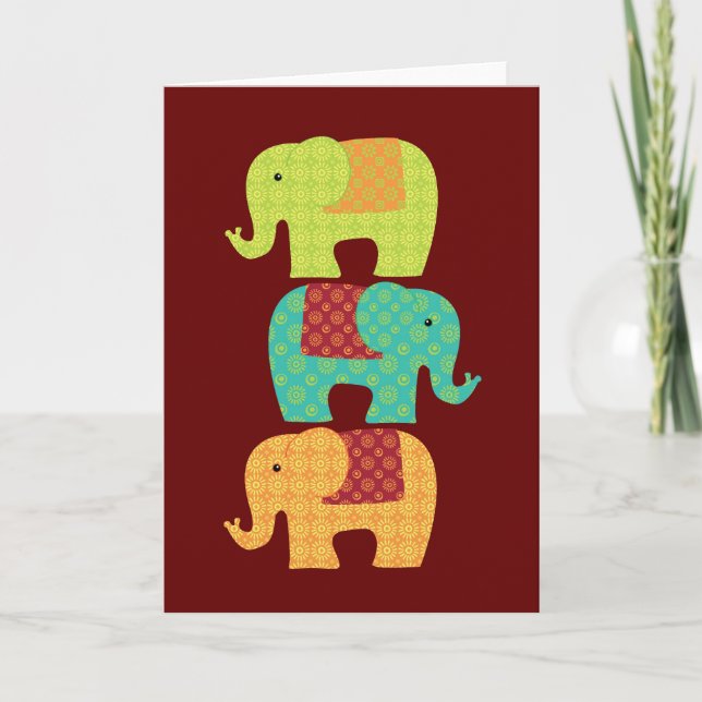 Cartes Pour Fêtes Annuelles Eléphants ethniques avec fleurs sur le rouge du ma (Devant)