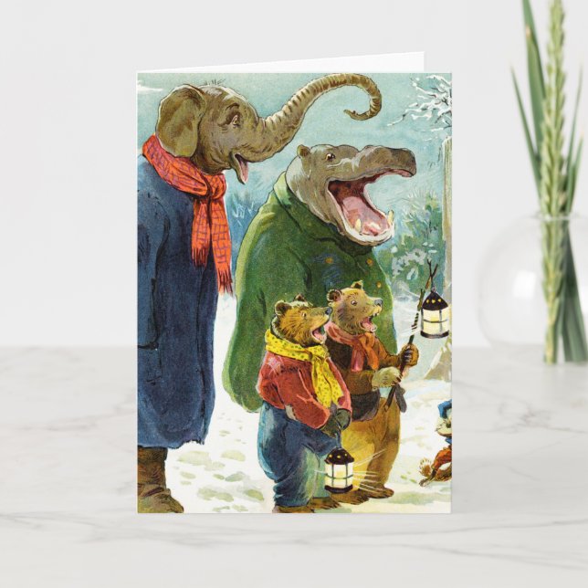 Cartes Pour Fêtes Annuelles Éléphants hippopotame et Noël Caroling d'ours (Devant)