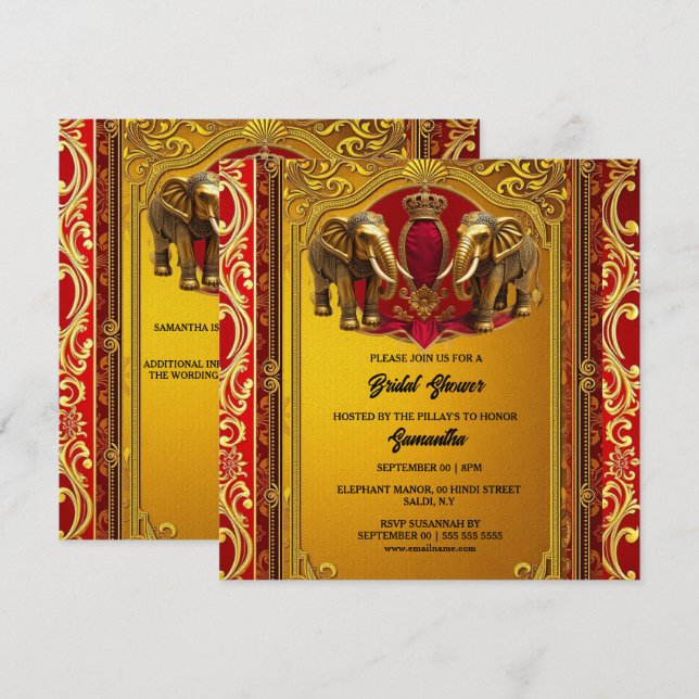 Cartes Pour Fêtes Annuelles Eléphants indiens d'or de Bourgogne douche royale (Devant / Derrière)