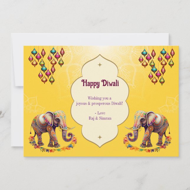Cartes Pour Fêtes Annuelles Eléphants Joyeux Diwali Salutation Jaune Or (Devant)