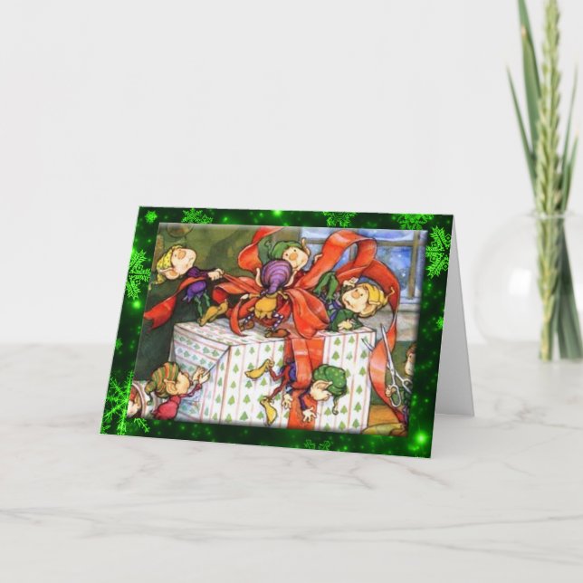 Cartes Pour Fêtes Annuelles Elf Aide à envelopper votre cadeau de Noël (Devant)