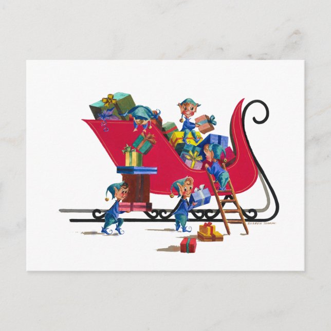 Cartes Pour Fêtes Annuelles ELVES REMPLISSANT PÈRE NOËL SLEIGH par SHARON SHAR (Devant)