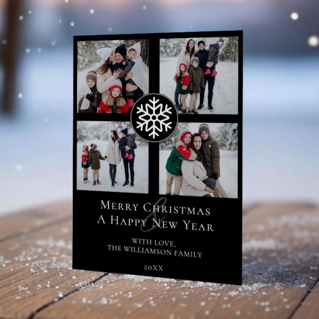 Cartes Pour Fêtes Annuelles Emblème photo Snowflake Collage | Black (Black Snowflake Emblem Photo Collage Holiday Photo Card)