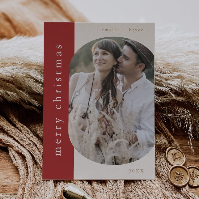 Cartes Pour Fêtes Annuelles EMELIA Gold et Red Grey Photo Joyeux Noël (EMELIA Gold and Red Greeting Photo Merry Christmas Holiday Card)
