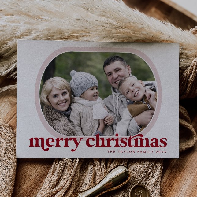 Cartes Pour Fêtes Annuelles EMERY Red Pink Family Photo Simple Joyeux Noël (EMERY Red Pink Family Photo Simple Merry Christmas Holiday Card)