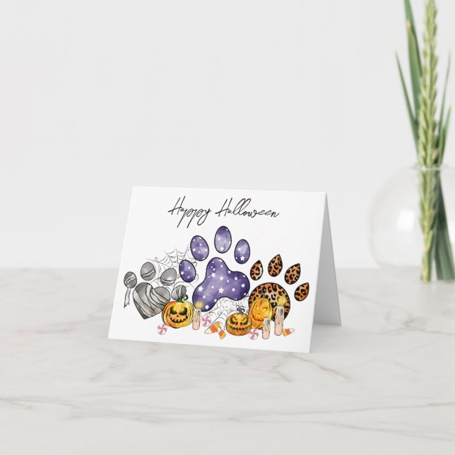 Cartes Pour Fêtes Annuelles Empreintes de pattes animaux Citrouille chat chien (Devant)