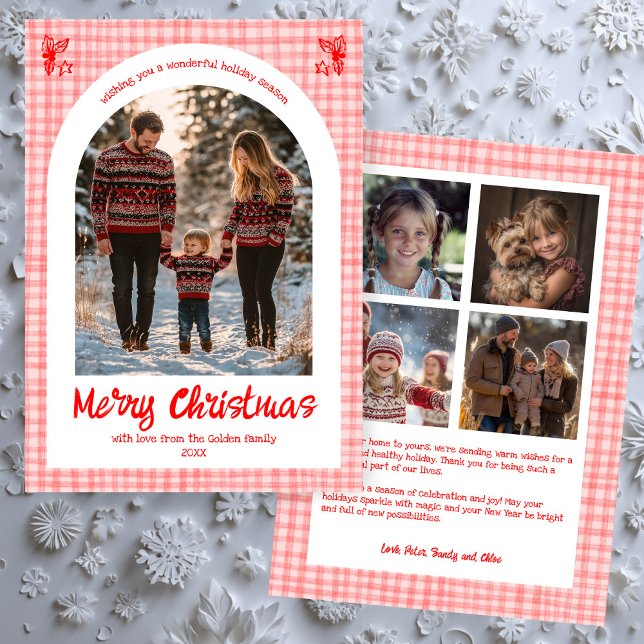 Cartes Pour Fêtes Annuelles en vichy rose rouge Noël Custom Arche 5 Photo (Gingham Pink Red Christmas Custom Arch 5 Photo Holiday Card
)