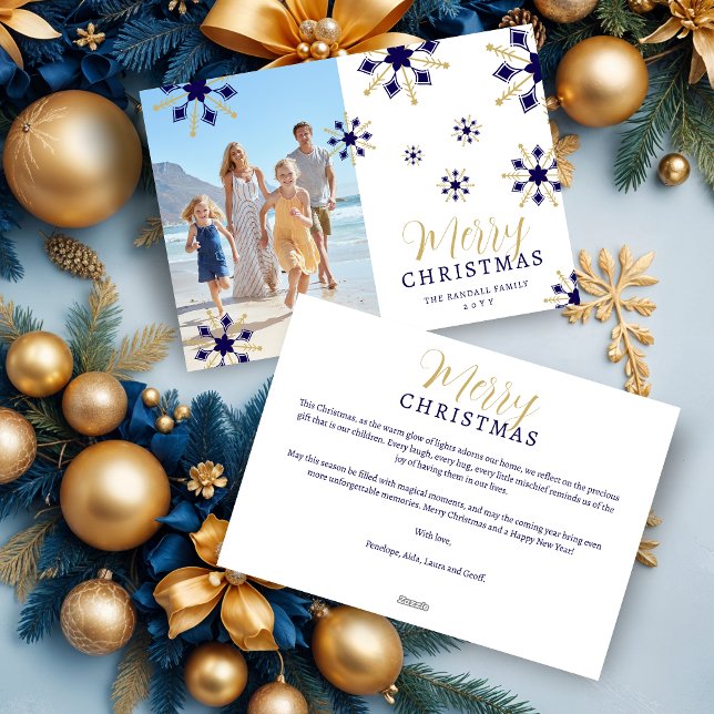Cartes Pour Fêtes Annuelles Enchanting Christmas Dark Blue & Gold Snowflakes  (Enchanting Dark Blue & Faux Gold Snowflakes Merry Christmas Holidays Cards with Family Photo. )