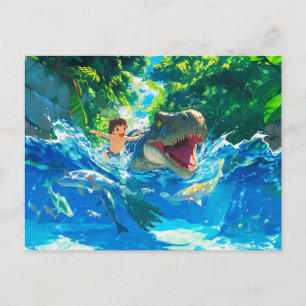 Cartes Pour Fêtes Annuelles Enfant Anime nageant avec dinosaure en mer