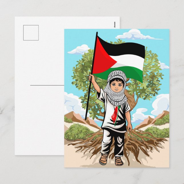 Cartes Pour Fêtes Annuelles Enfant avec Keffiyeh Palestine Drapeau et olivier (Devant / Derrière)