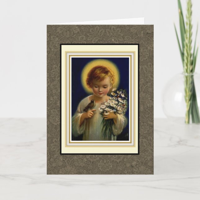 Cartes Pour Fêtes Annuelles Enfant béni Jésus avec oiseau et fleurs (Devant)