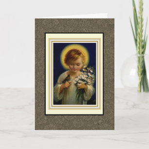 Cartes Pour Fêtes Annuelles Enfant béni Jésus avec oiseau et fleurs