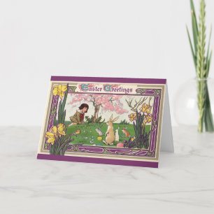 Cartes Pour Fêtes Annuelles Enfant vintage à la chasse aux oeufs de Pâques ave