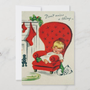 Cartes Pour Fêtes Annuelles Enfant vintage et chat en attente de Père Noël