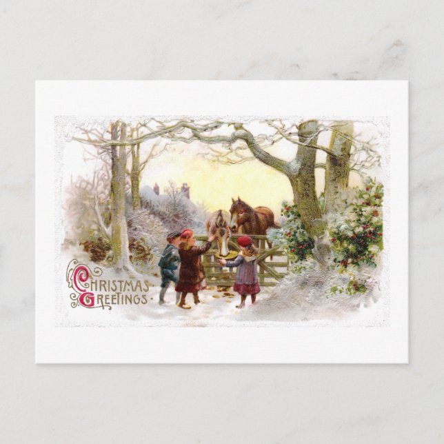 Cartes Pour Fêtes Annuelles Enfants alimentant à chevaux Noël antique (Devant)