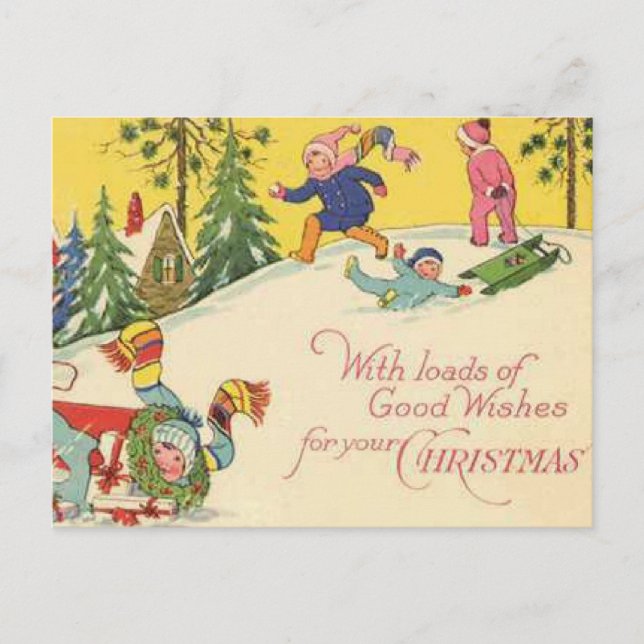Cartes Pour Fêtes Annuelles Enfants en traîneau sur la colline enneigée - look (Devant)