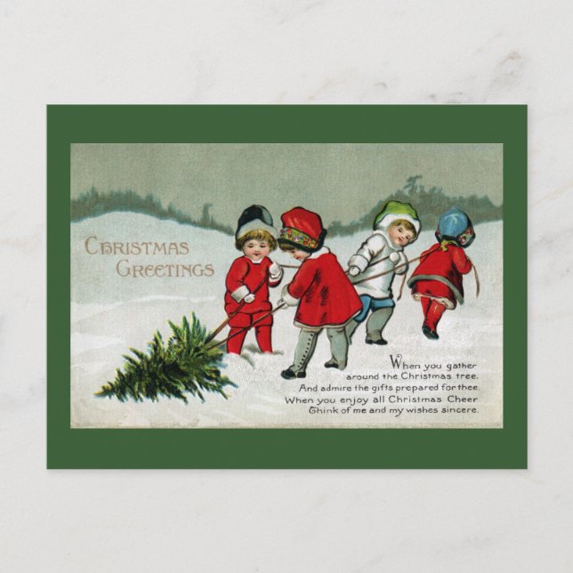 Cartes Pour Fêtes Annuelles Enfants Hauling Arbre de Noël Vintage (Devant)