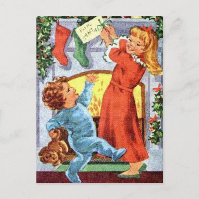 Cartes Pour Fêtes Annuelles Enfants heureux en pyjama à Noël Stockings (Devant)