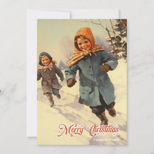 Cartes Pour Fêtes Annuelles Enfants jouant dans une montagne de neige rétro vi