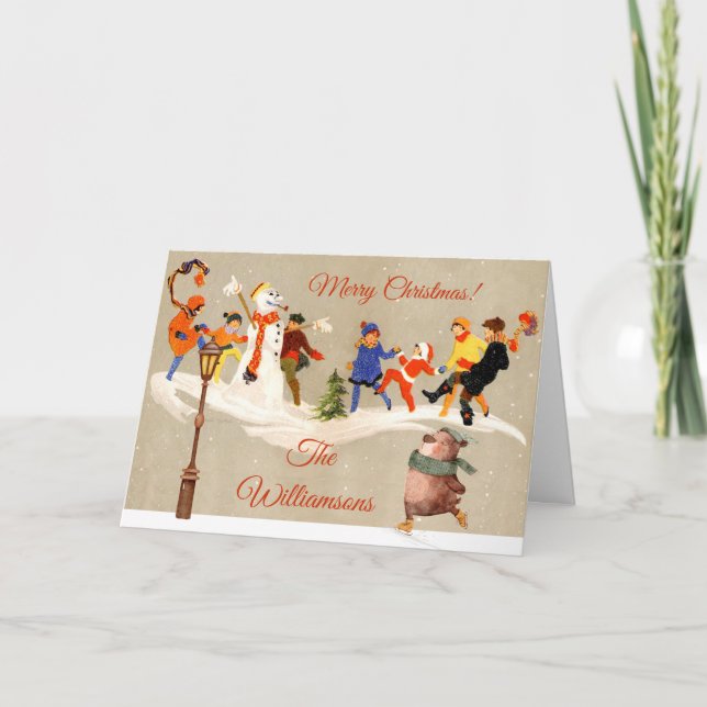 Cartes Pour Fêtes Annuelles Enfants Jouer dans la neige charmant Patinage Ours (Devant)