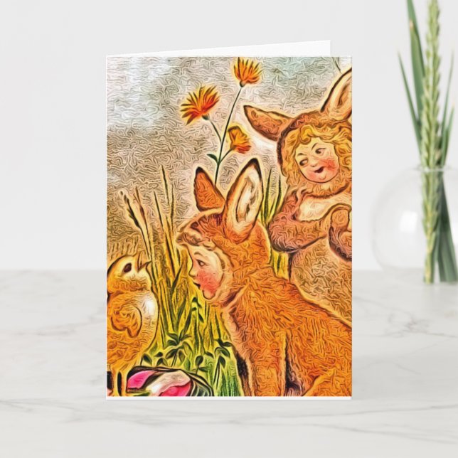 Cartes Pour Fêtes Annuelles Enfants lapins et poussins, Pâques heureux (Devant)