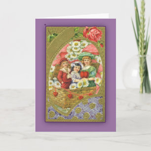 Cartes Pour Fêtes Annuelles Enfants mignons dans un panier Valentin victorien