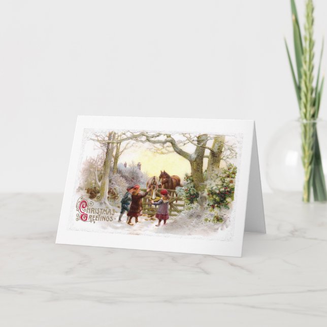 Cartes Pour Fêtes Annuelles Enfants nourrissant les chevaux Antique Noël (Devant)