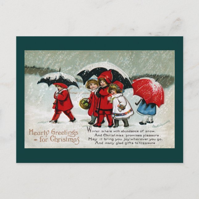 Cartes Pour Fêtes Annuelles Enfants près des parapluies dans la neige (Devant)