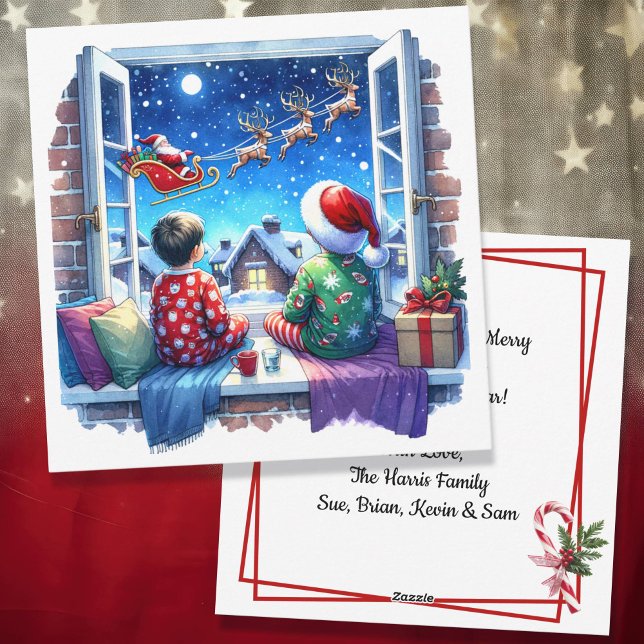 Cartes Pour Fêtes Annuelles Enfants regardant Père Noël Sleigh Christmas Eve (Créateur téléchargé)