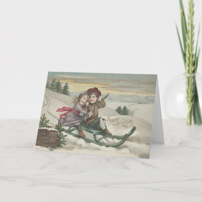 Cartes Pour Fêtes Annuelles Enfants Sledding l'hiver de neige d'arbre de Noël (Devant)