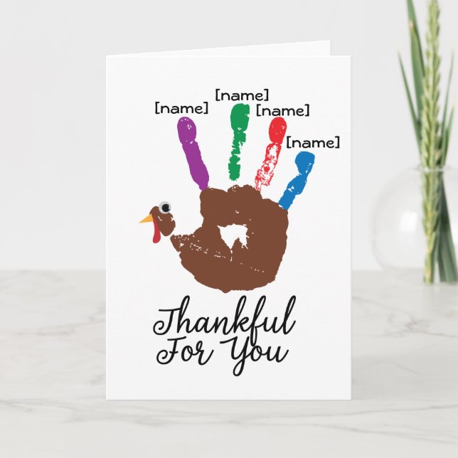 Cartes Pour Fêtes Annuelles Enfants Thanksgiving Handprint Turquie Gratitude (Devant)