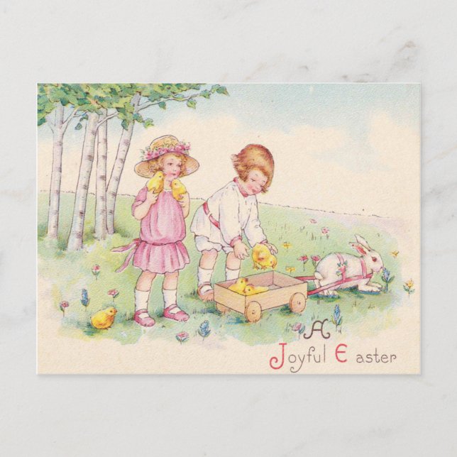 Cartes Pour Fêtes Annuelles Enfants victoriens Champ de lapin de poulet de Pâq (Devant)