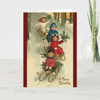 Cartes Pour Fêtes Annuelles Enfants vintages en traîneau noël